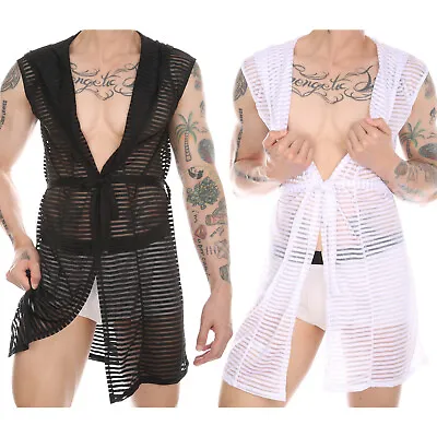 Men Sexy See Through Striped Hooded Robe Mesh Bathrobe Loose Loungewear + Belt • $11.58