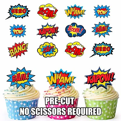 PRE-CUT Superhero Callout Speech Edible Cup Cake Toppers Decoration (Pack Of 12) • £3.99