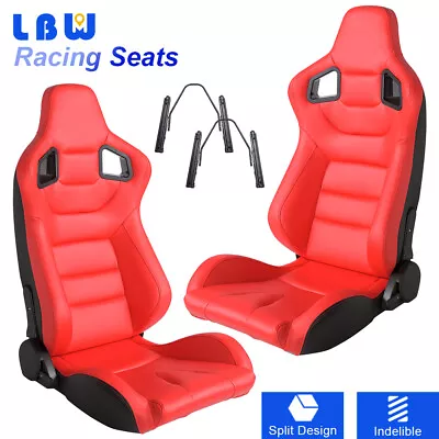 2PCS Universal Racing Seats Full Wraped Red + Faux Leather Seats With 2 Sliders • $396.94