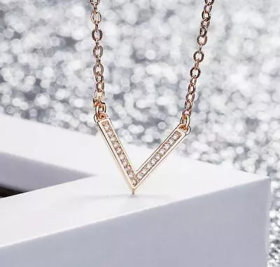 $9.99 • Buy Pave Cubic Zirconia Thin V Shape Rose Gold Pendant Chain Pendant Necklace