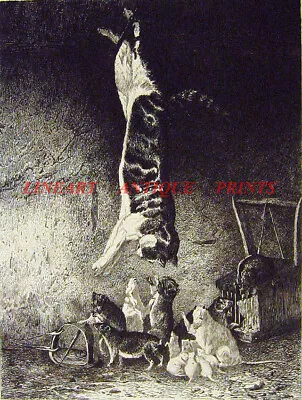 CAT PRETENDS TO BE DEAD TO CATCH RATS ~ 1886 Original MORAN Art Print Etching • $39.99