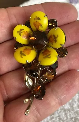 Vintage Flower Brooch Pin Amber Stones Yolk Pedals Hand Painted 1960’s Jewelry • $19.99