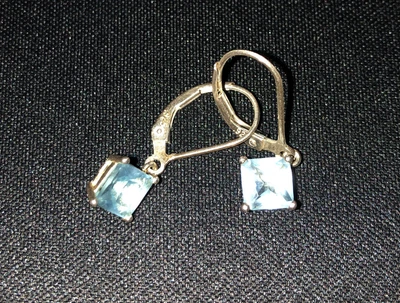 $11 • Buy 1 Ct Emerald Cut Aquamarine Leverback Earrings .925 Silver / Vintage