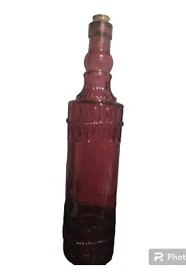 Tall Glass Bottle In Ruby Red W/Raised Design On Front & Back W/Cork 12.5  • $12