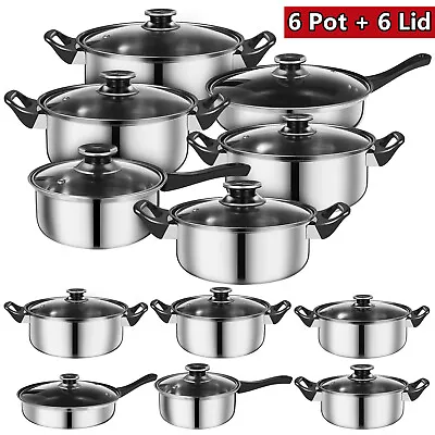 Set Of 12 Non Stick Cookware Cooking Saucepans Pots Pan Set With Glass Lids • £26.98