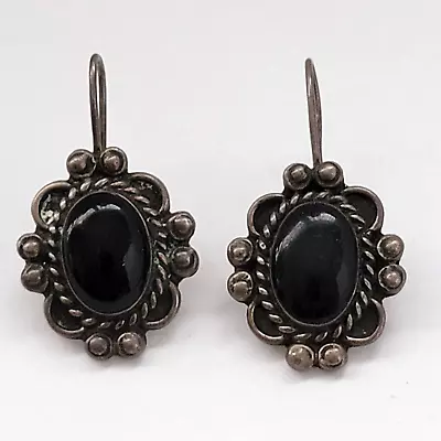 Vintage TAXCO Sterling Silver Onyx Dangle Earrings Antique Style 925 Signed ACJ • $14.99