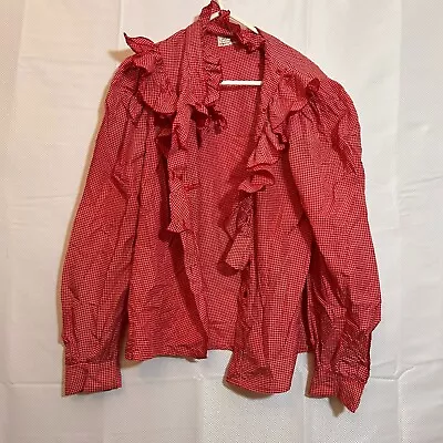 Vintage Blouse Womens Shirt Top Size 8 Red White Checked Smart Work Boho Ruffled • $16.79