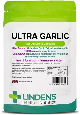 Ultra Garlic 15000mg Capsules (120 Pack ) Heart & Immune Health [Lindens 6146] • £10.64