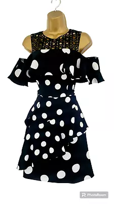 KAREN MILLEN Size 12 Black White Spotty Polka Dot Crochet Flippy Summer Dress • £34.99