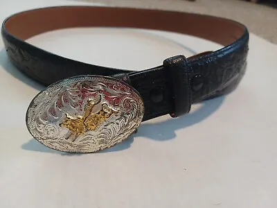 Ferrini Vero Struzzo Black Ostrich Leather Belt 46155125 Silver Bull Buckle  38 • $49