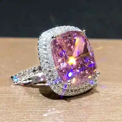 $119 • Buy 6Ct Double Halo Cushion Cut Simulated Diamond Pink Sapphire 14K Gold Plated Ring