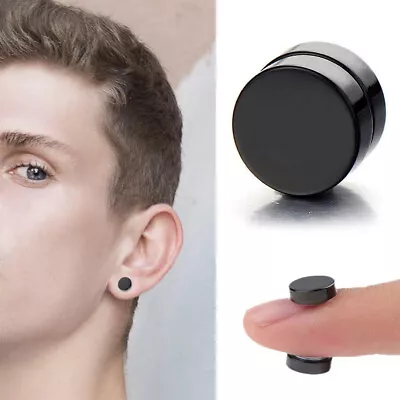 1Pair Magnetic Black Circle Stud Earrings Non-Piercing Clip On Fake Ear Gauges • $3.99