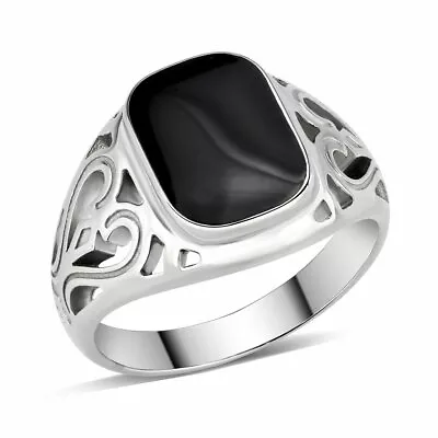 Mens Signet Ring Black Jet Silver Stainless Steele Poxy Classy Stamped New 3753 • £22.99