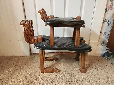 Vintage Middle Eastern Hand Carved Wood Camel Foot Stools Black Leather Cushions • $149