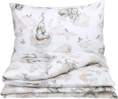 Baby 2pc Bedding Set Cotton Pillow Case Duvet Cover 135x100 Elephant On Cloud • £14.99