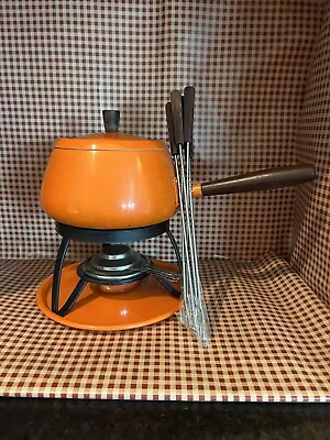 Vintage MCM Style Fondue Pot In Retro Orange With Burner Stand & 5 Forks • $24.99