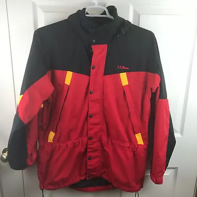 Men's LL Bean Red Yellow Black Coat Jacket Mesh Pockets Hood Size Medium • $39.97