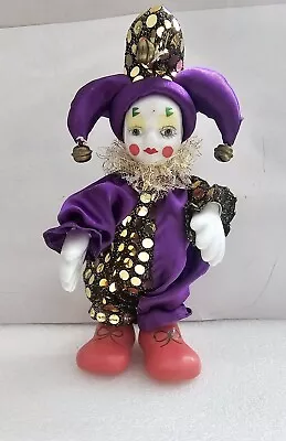 Porcelain Harlequin Jester Doll Clown Purple & Gold MARDI GRAS - 7 Inches Tall • $13