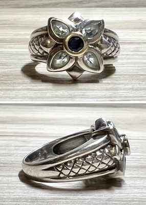 Nancy & David Sterling Silver & 14K Gold Blue Topaz & Sapphire Ring Size 8 • $414.06