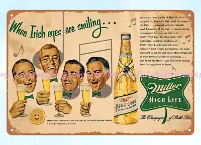 Miller High Life Beer When Irish Eyes Are Smiling Metal Tin Sign Wall Art Ideas • $18.89