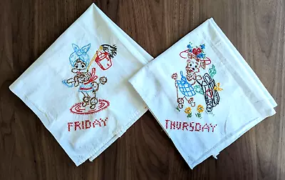 Lot Of 2 Vintage Dog Day Of The Week - Hand Embroidered Cotton Dish Tea Towels • $9.99