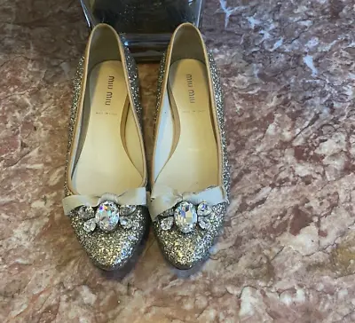 MIU MIU Glitter Gold Leather Crystal Studded Bow Flats Sz 37.5/US 7.5 EUC $625 • $149.99