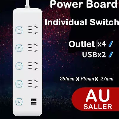 4 Way Outlet SURGE PROTECTOR Power Board W/ INDIVIDUAL SWITCHES + 2 USB Ports AU • $5.69