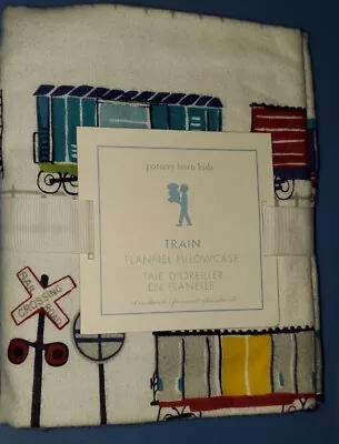 New Pottery Barn Kids TRAIN Flannel PILLOWCASE Standard Railroad Crossings  • $22.50