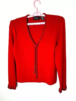 Dana Buchman Red Rayonne Sweater Beaded Rope Neck & Sleeves Pullover CL24 • $52.97