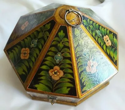 Vintage Hand Tole Painted Wood Hinged Octagon Box • $74.99