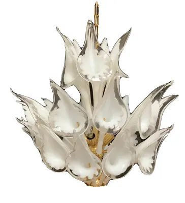 MURANO Italian Art Glass Chandelier Brass Calla Lily Italy Crystal Clear & White • $5450