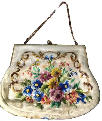 Vintage Needlepoint Purse 50's Bouquet Of Flowers Snap Close Small Chain Purse • $23.98