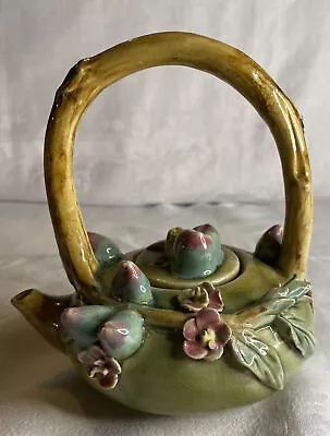 Majolica Teapot Green Pink Brown With Applied Twig Handle Flowers Leaves & Buds • $19.99