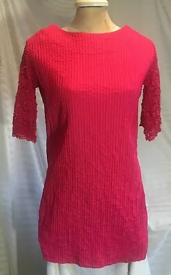 Dress Mexico Pintuck Sz Sm Med Mod Cotton Crocheted Vintage Pink Raspberry Boho • $19.99