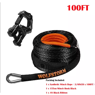 3/8  X 100' Synthetic Winch Line Cable Rope With Sleeve + Winch Hook For ATV UTV • $98.99