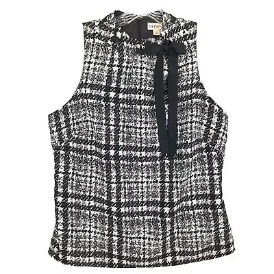 Merona Size L Black Houndstooth Print Ruched Neck Ribbon Bow Sleeveles Top • $17.47