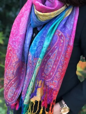 Ladies Peacock Feather Bright Rainbow Multi Colour Paisley Scarf Pashmina Shawl • £8.99