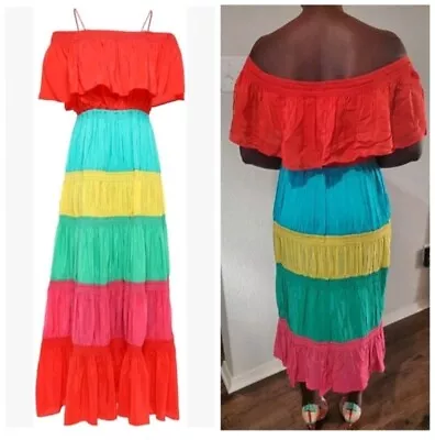 Alice + Olivia Kia Smocked Rainbow Cold-Shoulder Dress Size 10 $398 • $65