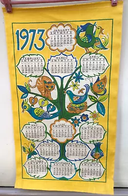 Vintage 1973 Tea Towel Calendar BIRDS AND CAT IN TREE Bright Yellow Excellent • $19.99