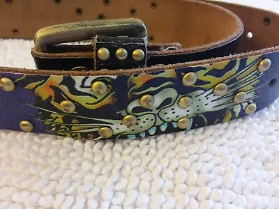 ED HARDY Leather Belt Tiger Design Blue Size XS. 39.5 Inches  • $39