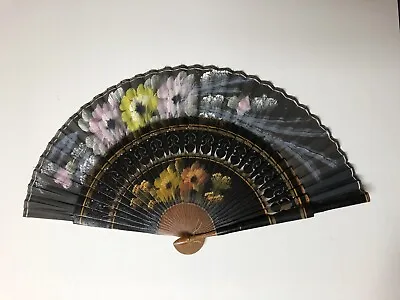 Hand Painted Floral Fabric & Wood Hand Fan 17” Wide • $28.50