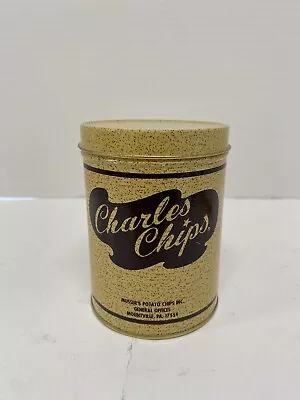 Vintage Charles Chips Round Metal Tin Can W/Lid . 5” Tall 3 1/2” Wide. • $13