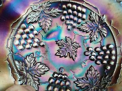 £12.99 • Buy Plate Bowl Carnival Glass Amethyst Gold Iridescent Lustre 19 Cm Dia Grapes Leaf