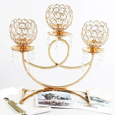 $35.02 • Buy 3 Arm Glass Crystal Gold Candelabra Votive Candle Holder Wedding Centerpiece