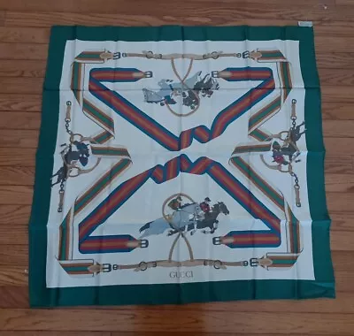 Vintage Gucci Racing Champion Horse Green Trim Silk Scarf 33”x33  UnUsed Ref#909 • $99.99