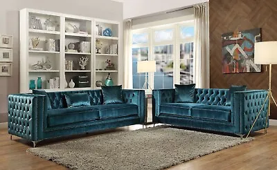 NEW Mid-Century Modern Living Room 2 Piece Dark Teal Velvet Sofa Couch Set IGAZ • $2787.96