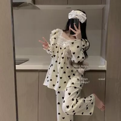 Heart Print Sleepwear Women Pajama Sets Square Collar Pants Sets 2 Pieces  • $50.53