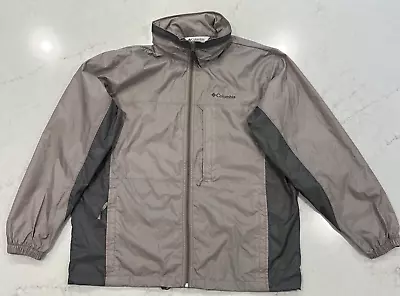 COLUMBIA SPORTSWEAR Mens L Full Zip Tan Gray Hidden Hood Rain Jacket Windbreaker • $19.99