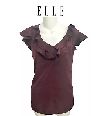 Vintage Women’s Elle Maroon Short Sleeve Blouse With Ruffles Size XL • $19.99