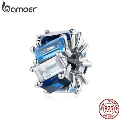 BAMOER European 925 Sterling Silver Pave CZ Blue Square Beads Charm For Bracelet • $12.26